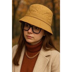 N•Y Hat&Cap Tan Patchwork Bucket Hat Distressed Casual Streetwear‎ Style